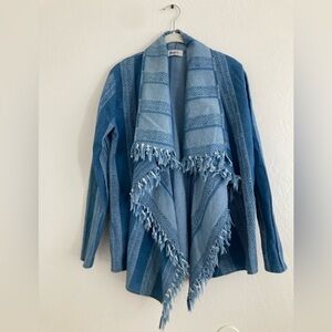 Military Hippie Fringe Denim Open Front Boho Lagenlook Southwestern Jacket S/M